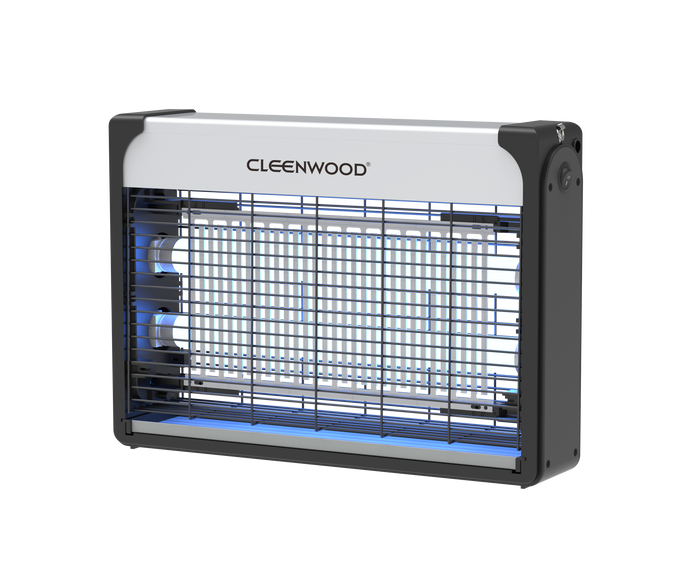 CLEENWOOD CW-950 Electric Insect Killer, showing the enclosed metallic/plastic grid and the UV light tube inside, with the base collection tray visible.