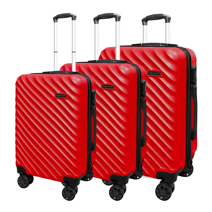 CLEENWOOD 3-Piece Hard Shell Trolley Luggage Set, showing the 20-inch, 24-inch, and 28-inch suitcases, highlighting the 360-degree spinner wheels and the retractable handle.