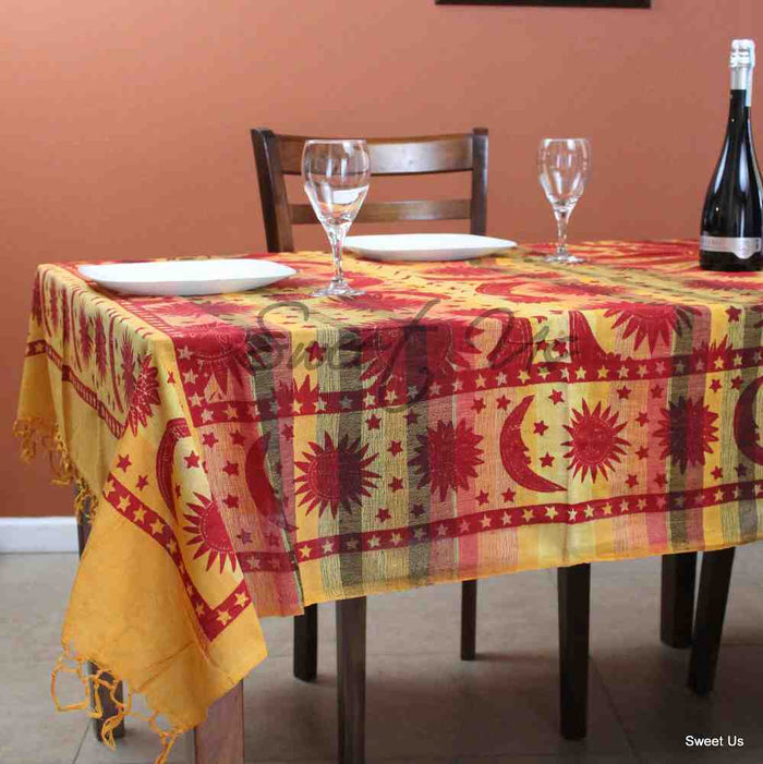 Cotton Celestial Print Floral Tablecloth Rectangle Yellow Dining Linen - Sweet Us
