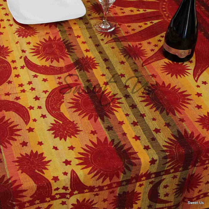 Cotton Celestial Print Floral Tablecloth Rectangle Yellow Dining Linen - Sweet Us