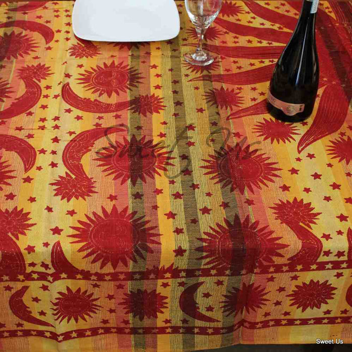 Cotton Celestial Print Floral Tablecloth Rectangle Yellow Dining Linen - Sweet Us