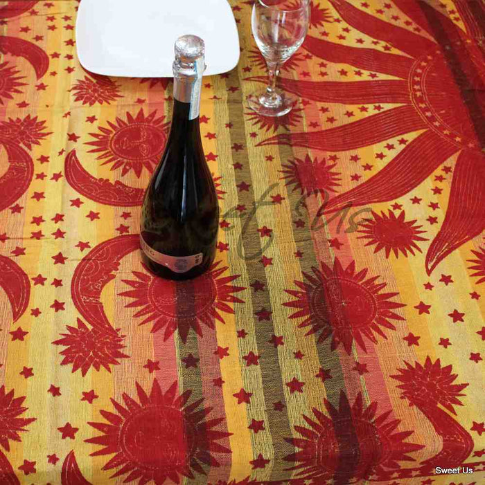 Cotton Celestial Print Floral Tablecloth Rectangle Yellow Dining Linen - Sweet Us