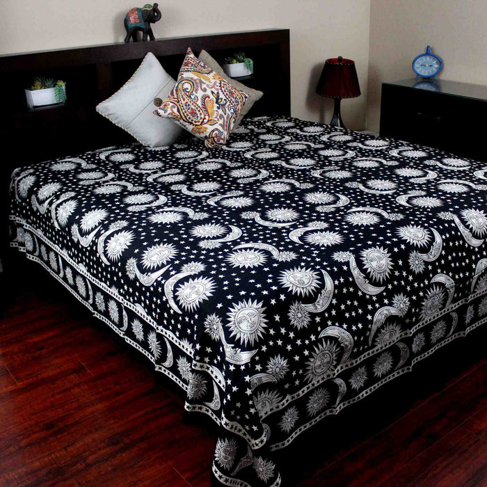 Handmade 100% Cotton Celestial Sun Moon & Star Tapestry Coverlet Black White Full & Queen - Sweet Us