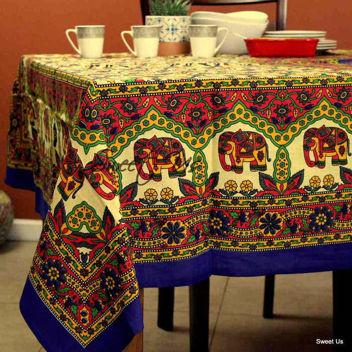 Cotton Elephant Floral Tablecloth Rectangle Blue Red Green Kitchen Dining Linen