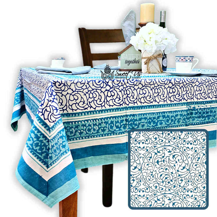 Cotton Eterna Vine Floral Tablecloth Rectangle White, Blue - Sweet Us