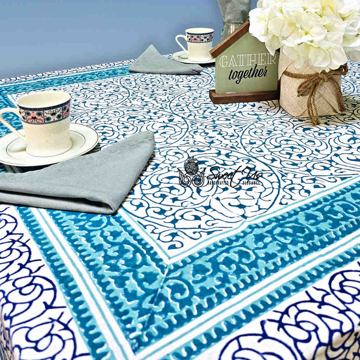 Cotton Eterna Vine Floral Tablecloth Rectangle White, Blue - Sweet Us