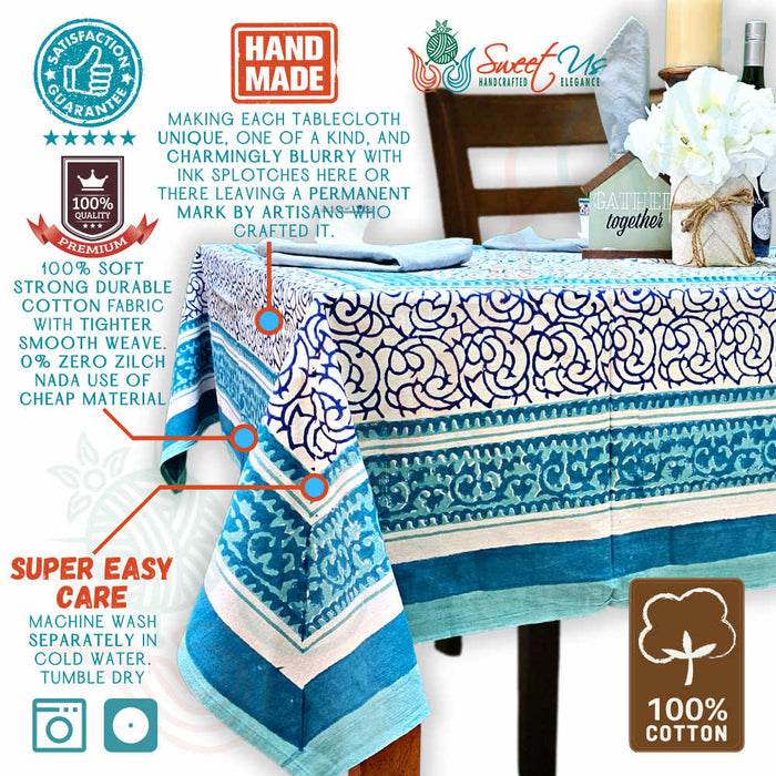 Cotton Eterna Vine Floral Tablecloth Rectangle White, Blue - Sweet Us