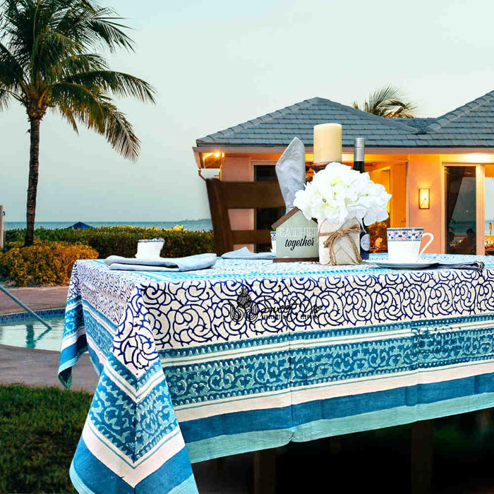 Cotton Eterna Vine Floral Tablecloth Rectangle White, Blue - Sweet Us