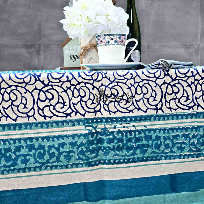 Cotton Eterna Vine Floral Tablecloth Rectangle White, Blue - Sweet Us