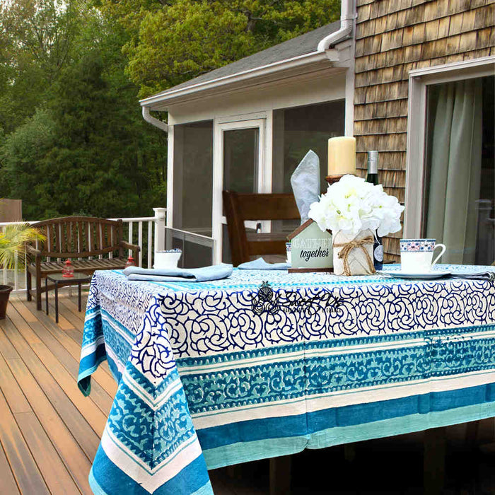 Cotton Eterna Vine Floral Tablecloth Rectangle White, Blue - Sweet Us