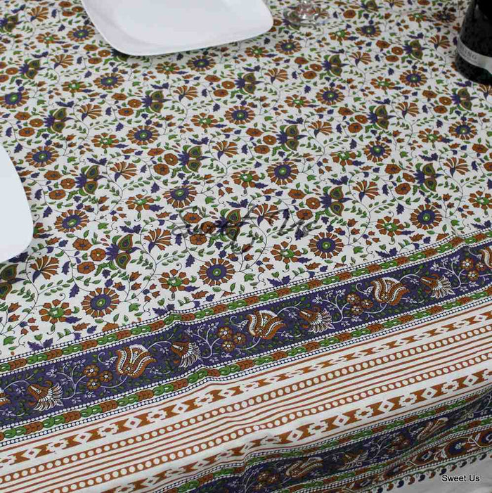 Cotton Floral Tablecloth Rectangle White Purple Kitchen Dining Linen - Sweet Us