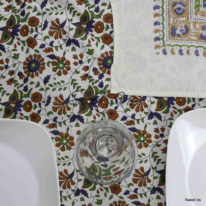 Cotton Floral Tablecloth Rectangle White Purple Kitchen Dining Linen - Sweet Us