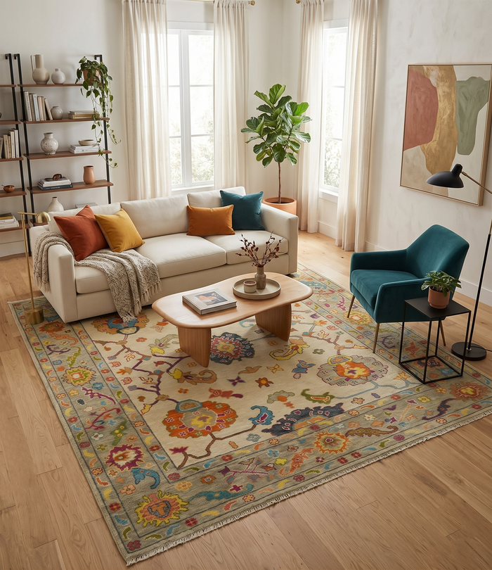 Beige Oushak-style wool rug with colorful central medallion and patterned edge