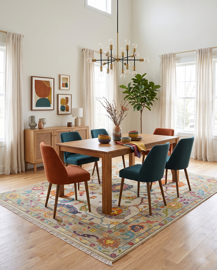 Multicolor Oushak-style area rug with beige background, geometric motifs, wide border