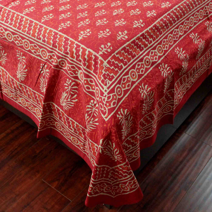 Dabu Hand Block Print Cotton Tapestry Bedspread Throw 72 x 106 inches Green Red Blue - Sweet Us