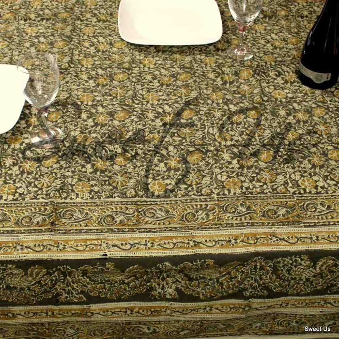 Cotton Vegetable Dye Hand Block Print Tablecloth Rectangle Green Gold Beige - Sweet Us