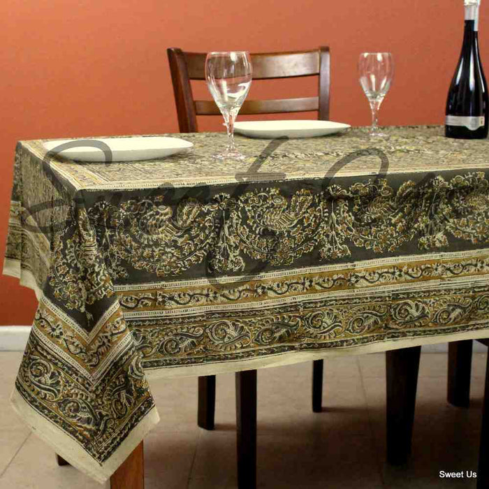 Cotton Vegetable Dye Hand Block Print Tablecloth Rectangle Green Gold Beige - Sweet Us