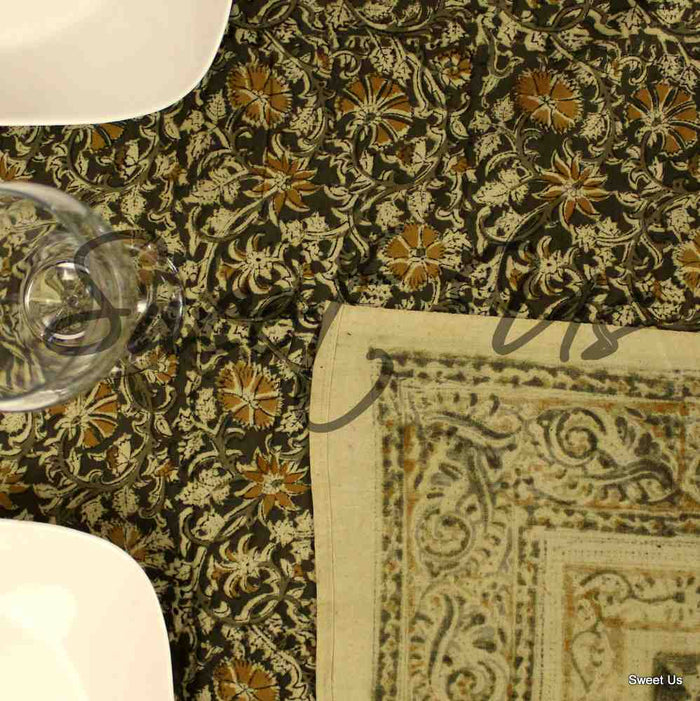 Cotton Vegetable Dye Hand Block Print Tablecloth Rectangle Green Gold Beige - Sweet Us