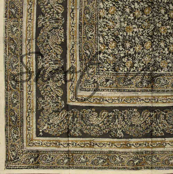Cotton Vegetable Dye Hand Block Print Tablecloth Rectangle Green Gold Beige - Sweet Us