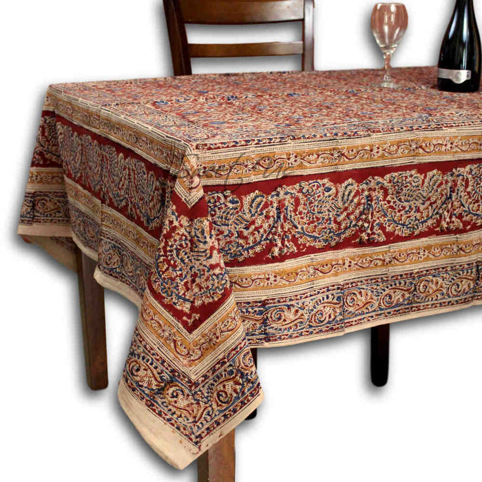 Sustainable Floral Block Print Cotton Tablecloth Rectangle, Crimson Sand - Sweet Us