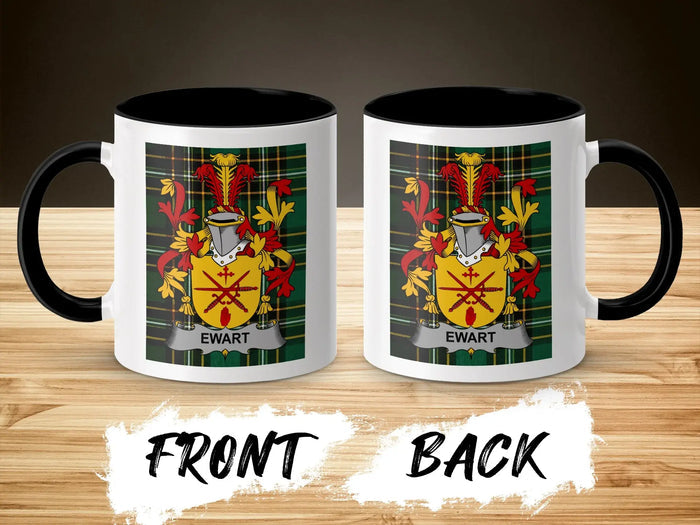 Two mugs showing the Ewart family crest on front and back.