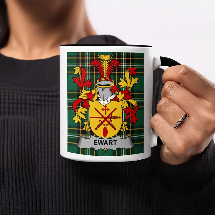Mug with Ewart family crest on tartan background.