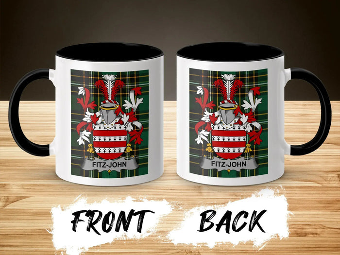 Two mugs with Fitz-John coat of arms on checkered background.