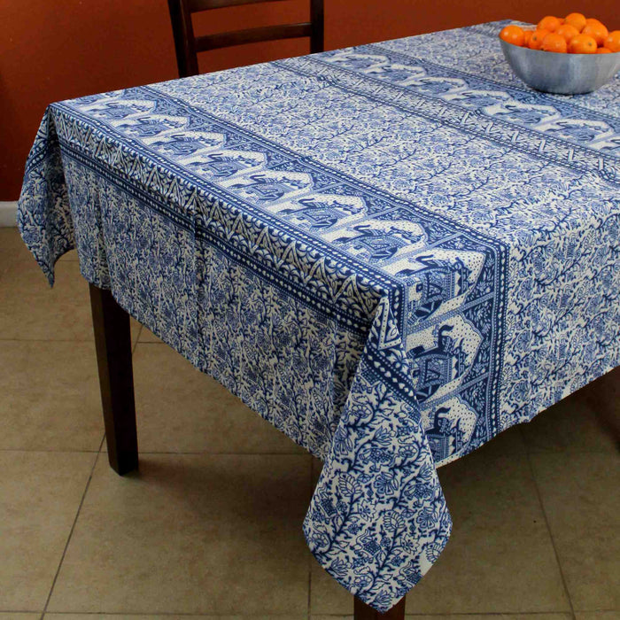 Handmade Floral Elephant Print Cotton Rectangular Tablecloth 60 x 90 inches Blue Green Burgundy Kitchen Table Linen - Sweet Us