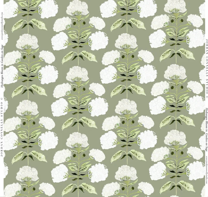 Hydrangea Bloom in Garden on Sage Fabric SWATCH