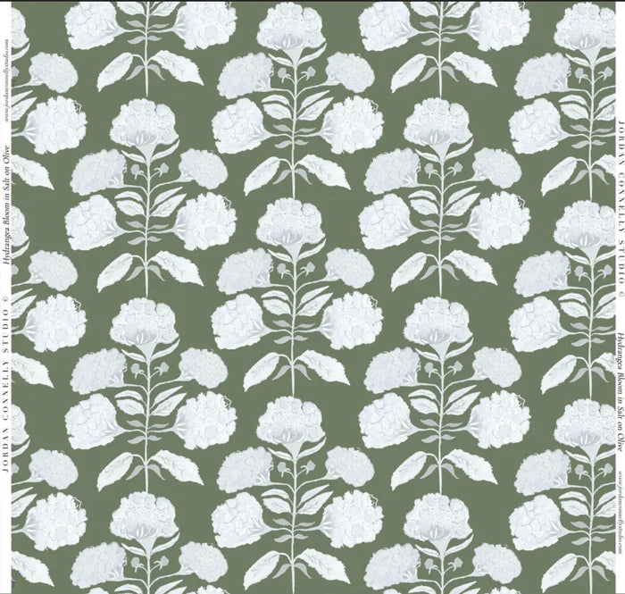 Hydrangea Bloom in Salt on Olive Fabric SWATCH