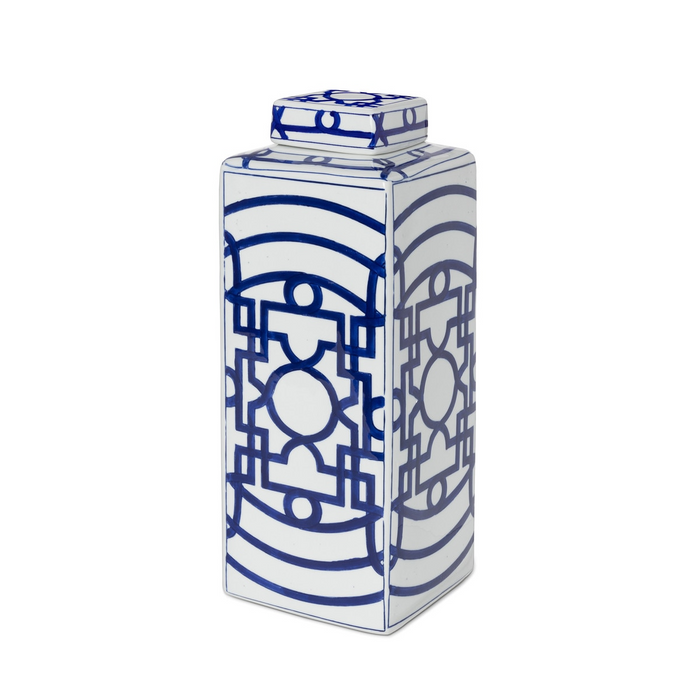 Imperial Ceramic Geometric Square Jar Blue and White Large