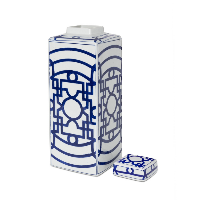 Imperial Ceramic Geometric Square Jar Blue and White Large