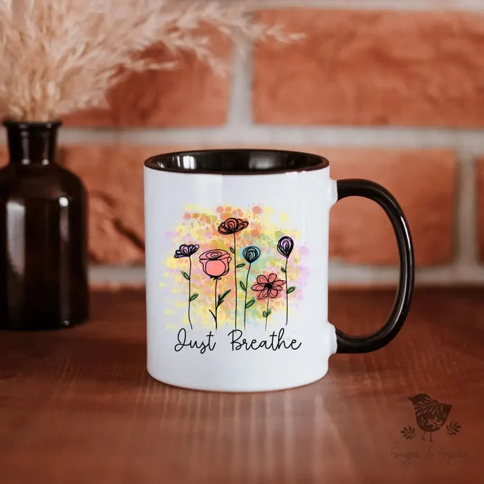 Just Breathe Watercolor Flowers Coffee Mug - Premium Mug from Printify - Just $18! Shop now at Sugar and Spice Paper