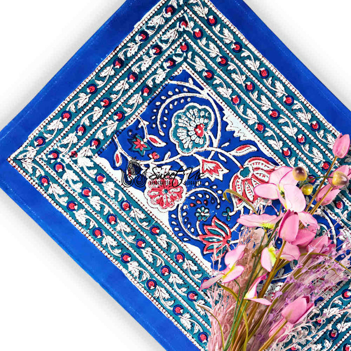 Lotus Dreams Block Print Cotton Floral Set of 4 Placemats, Sapphire Charm - Sweet Us