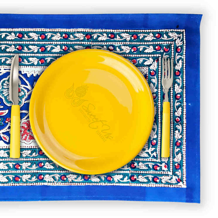 Lotus Dreams Block Print Cotton Floral Set of 4 Placemats, Sapphire Charm - Sweet Us