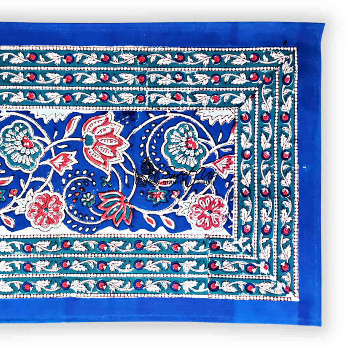 Lotus Dreams Block Print Cotton Floral Set of 4 Placemats, Sapphire Charm - Sweet Us