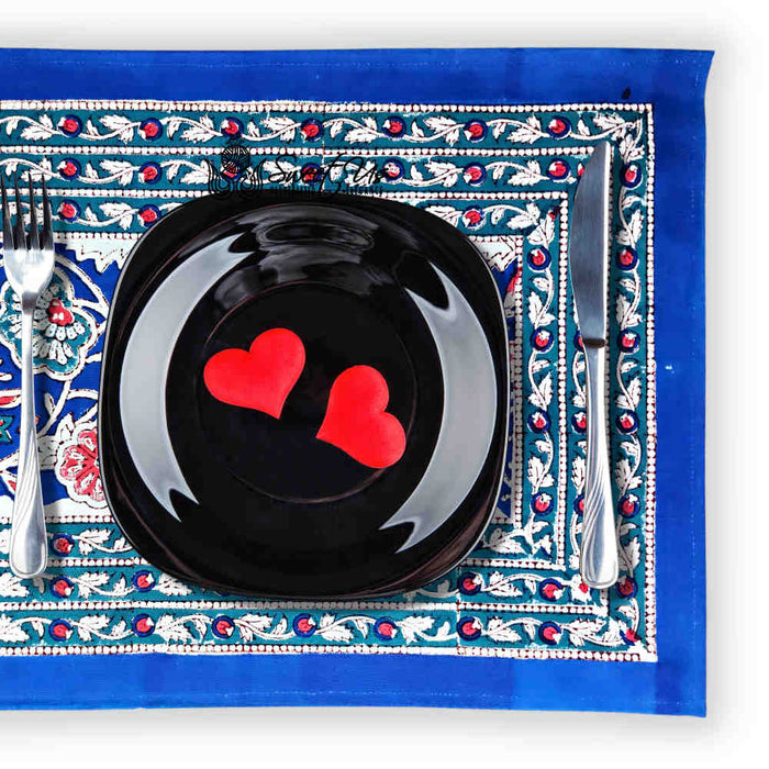 Lotus Dreams Block Print Cotton Floral Set of 4 Placemats, Sapphire Charm - Sweet Us