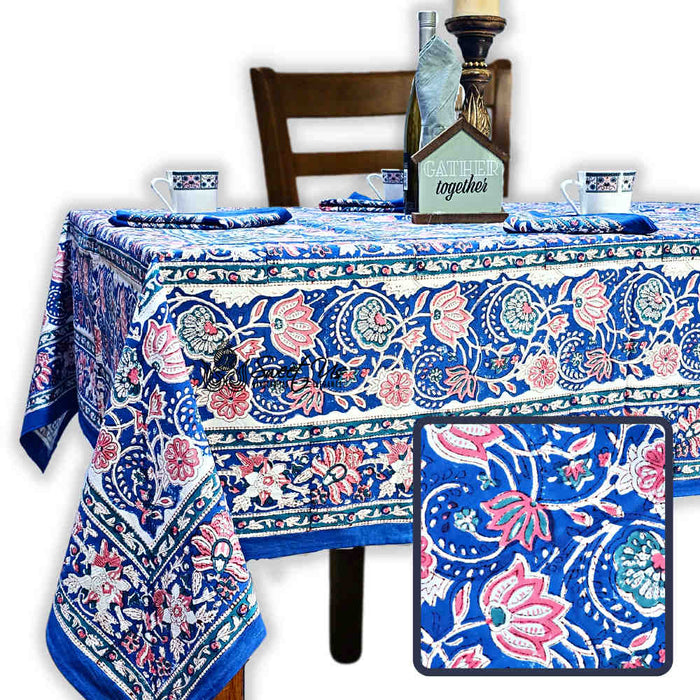 Lotus Dreams Block Print Cotton Floral Tablecloth Rectangle, Sapphire Charm - Sweet Us