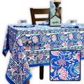 Lotus Dreams Block Print Cotton Floral Tablecloth Rectangle, Sapphire Charm - Sweet Us