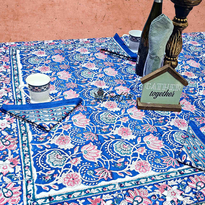 Lotus Dreams Block Print Cotton Floral Tablecloth Rectangle, Sapphire Charm - Sweet Us