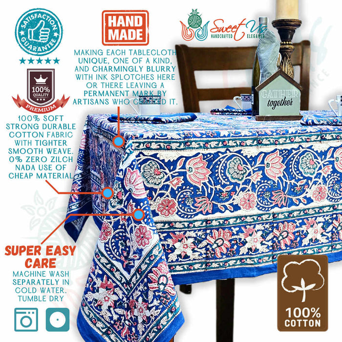 Lotus Dreams Block Print Cotton Floral Tablecloth Rectangle, Sapphire Charm - Sweet Us