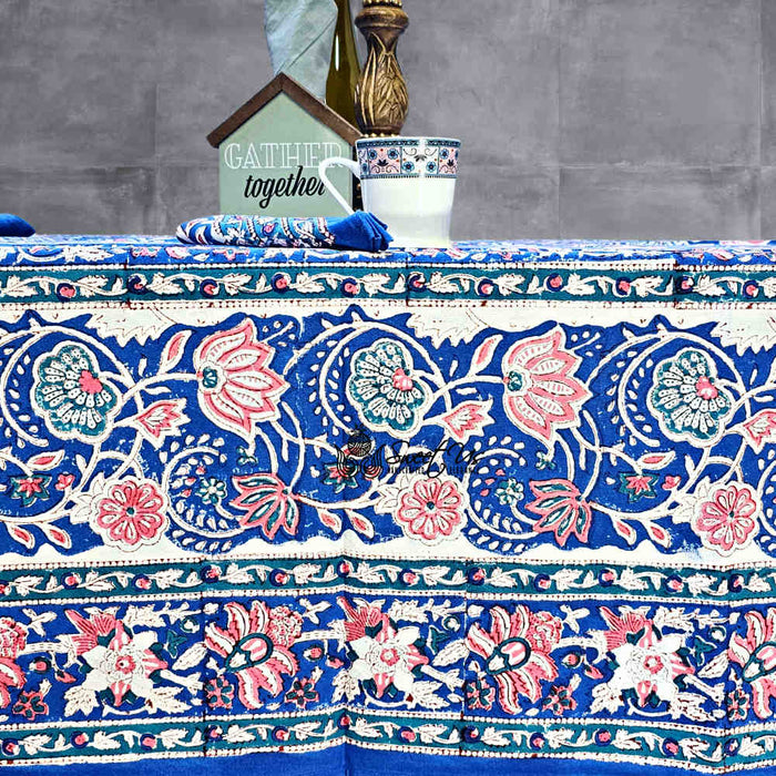 Lotus Dreams Block Print Cotton Floral Tablecloth Rectangle, Sapphire Charm - Sweet Us