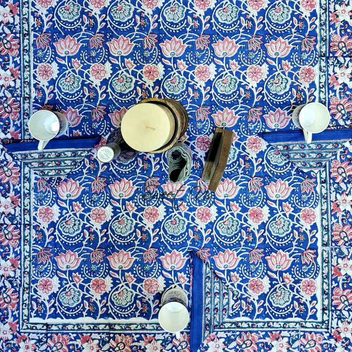 Lotus Dreams Block Print Cotton Floral Tablecloth Rectangle, Sapphire Charm - Sweet Us