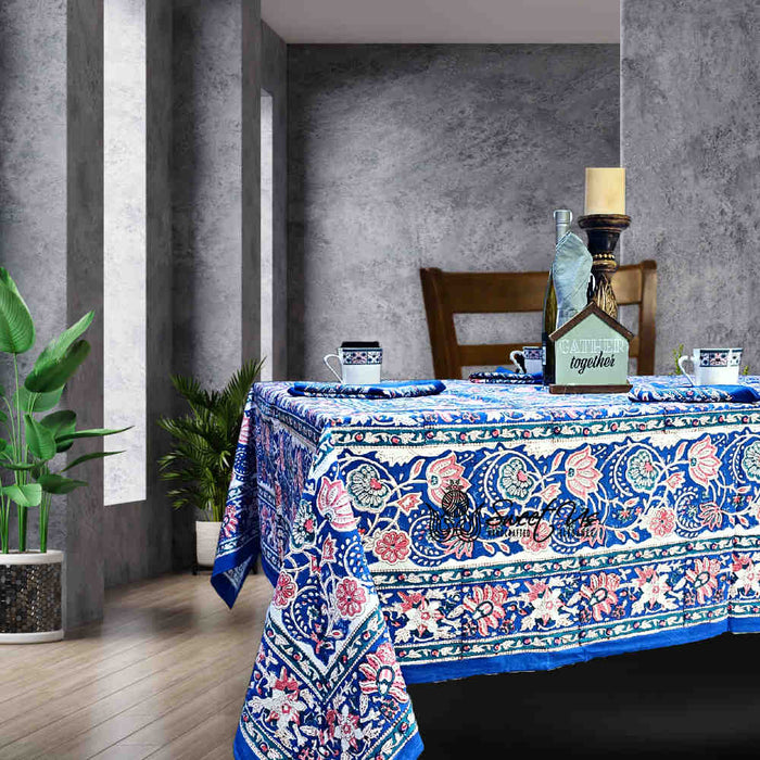 Lotus Dreams Block Print Cotton Floral Tablecloth Rectangle, Sapphire Charm - Sweet Us