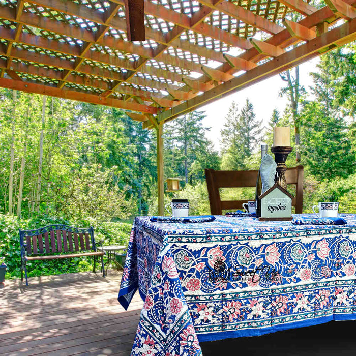 Lotus Dreams Block Print Cotton Floral Tablecloth Rectangle, Sapphire Charm - Sweet Us