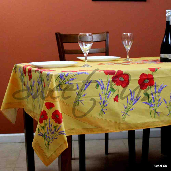 Wipeable Tablecloth Rectangle Spillproof French Acrylic Coated Poppy, Yellow - Sweet Us