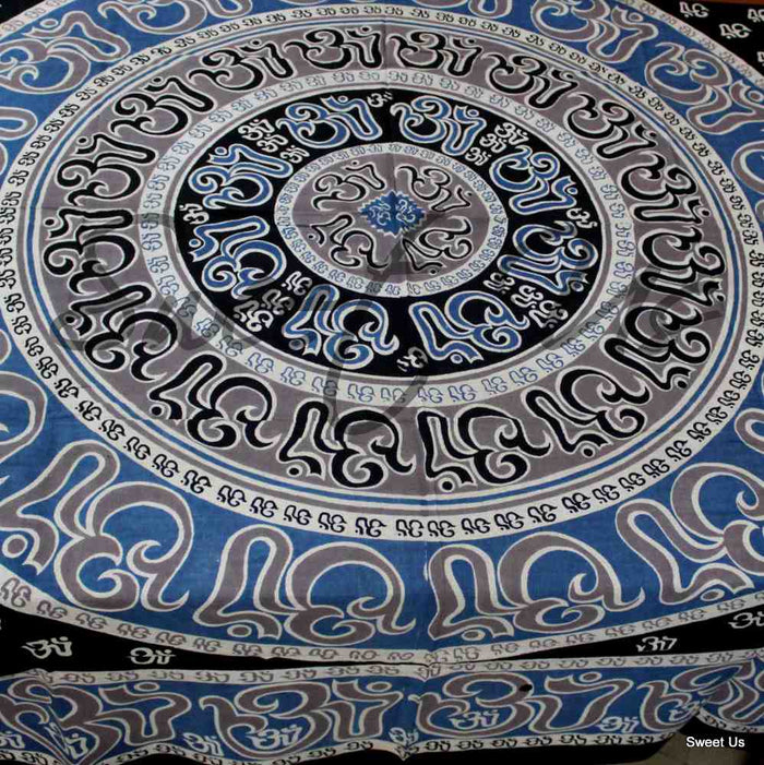 Mandala Om Print Tablecloth Rectangle Blue Black Brown White for Meditation Yoga - Sweet Us