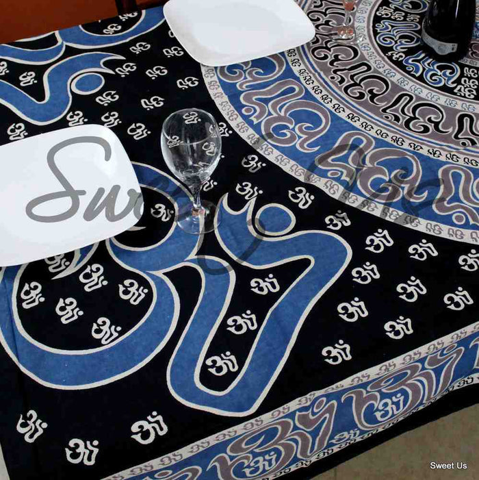 Mandala Om Print Tablecloth Rectangle Blue Black Brown White for Meditation Yoga - Sweet Us