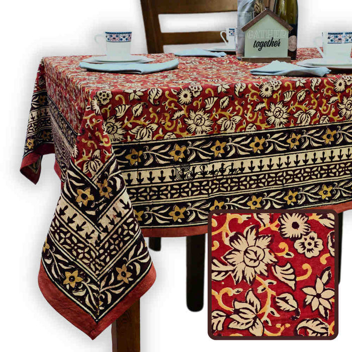 Marigold Radiance Floral Cotton Block Print Tablecloth Square, Ruby Terracotta - Sweet Us