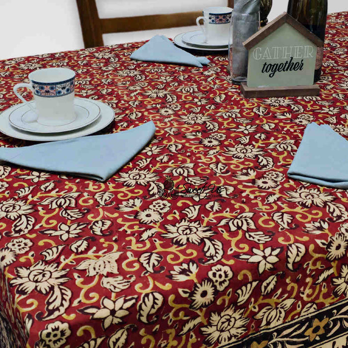 Marigold Radiance Floral Cotton Block Print Tablecloth Square, Ruby Terracotta - Sweet Us